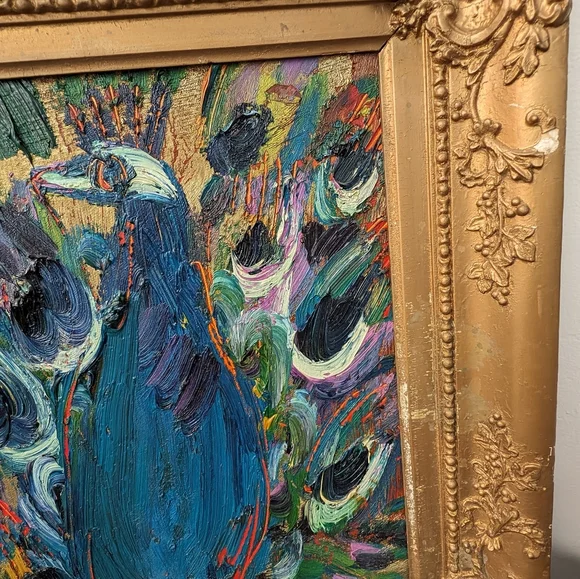 Oil on canvas peacock painting by Hunt Slonem. 11" x 14". Painted 2011. - Picture 3 of 15